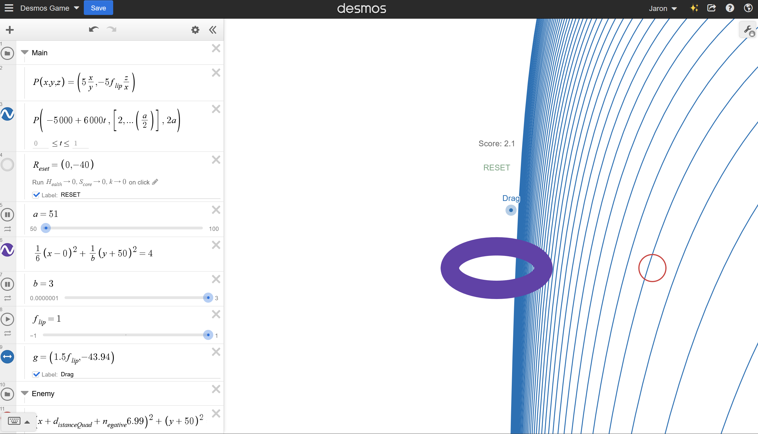 A picture showing the game running within Desmos
